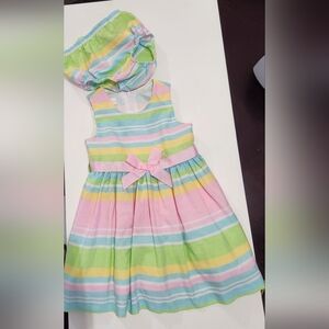 Bonnie Baby Pastel Striped Pink Blue Green Yellow Dress with Bloomers